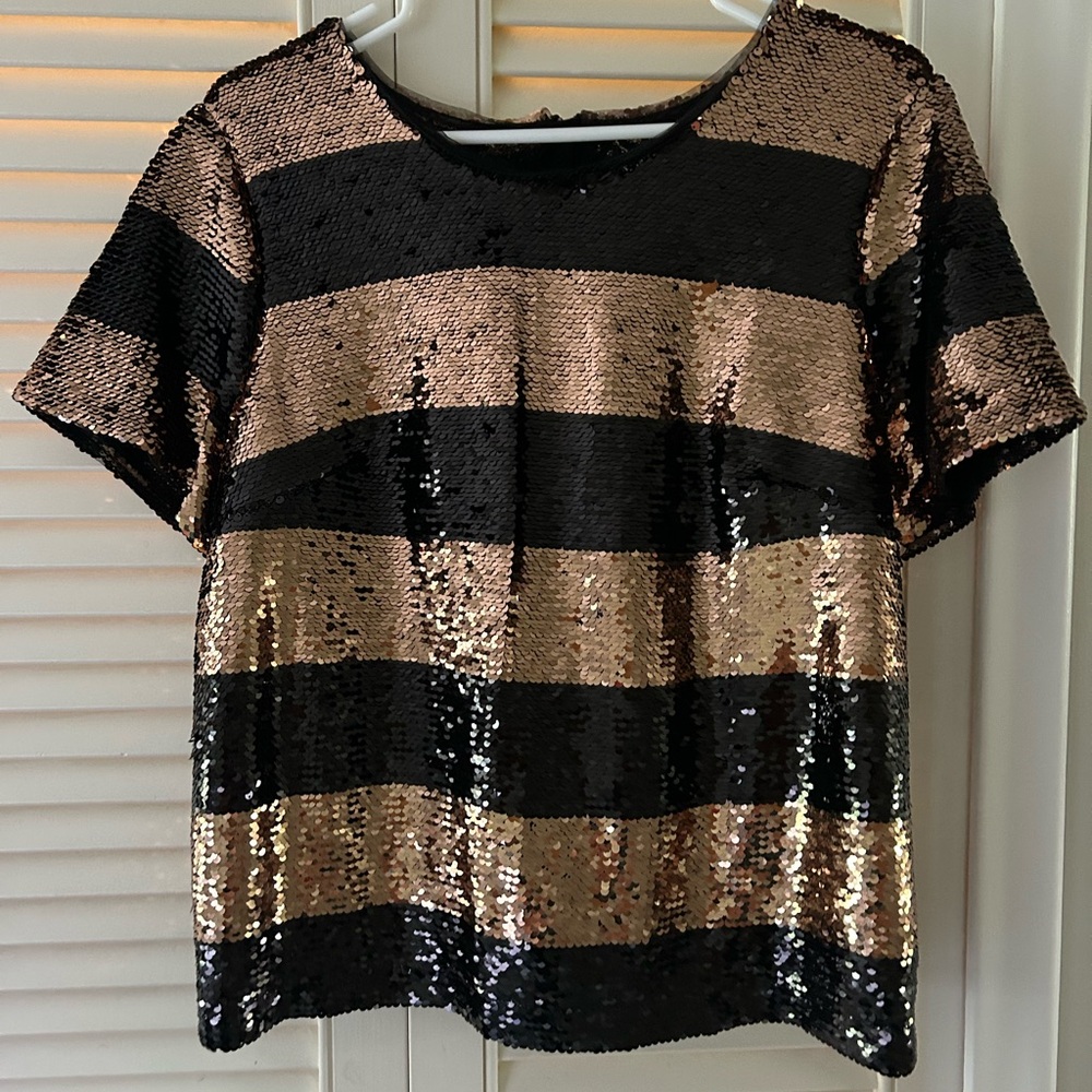Anthropologie Maeve Black and Gold Sequin Top, Size Petite Large - Picture 5 of 8